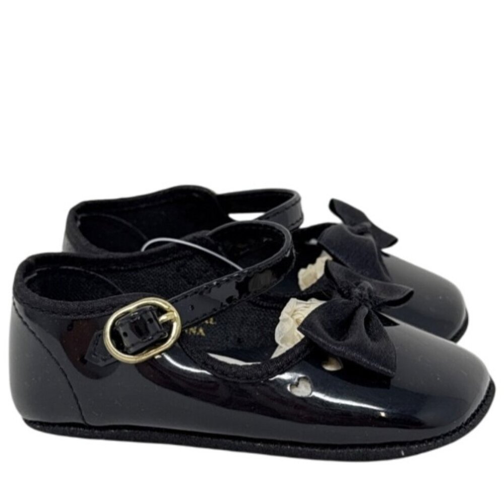 Darling Infant Size 3 Baby Shoes Black Patent Bow Design